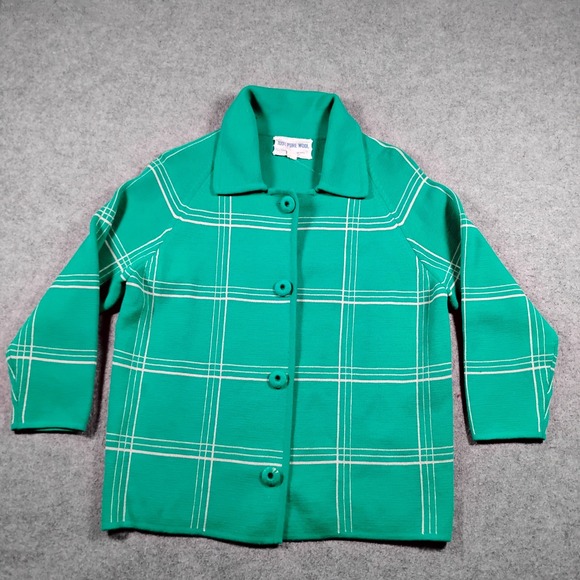 Sweaters - Vintage 100% Pure Wool Women's Green Plaid Button Up Cardigan Jacket Size 12